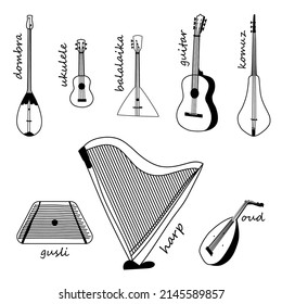 Set of Stringed Music Instruments hand drawn doodle