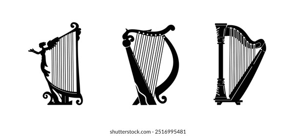 Set Stringed musical instrument classic, logo illustration harp silhouette suitable for music stores and communities