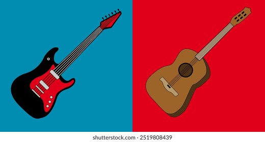 Set of stringed musical instruments: acoustic guitar and electric guitar.