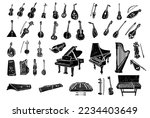 Set of stringed musical instruments. Classical orchestra. Art sound tool and acoustic symphony. Stringed fiddle wooden equipment vector illustration