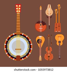 Set of stringed musical instruments classical orchestra art sound tool and acoustic symphony stringed fiddle wooden equipment vector illustration