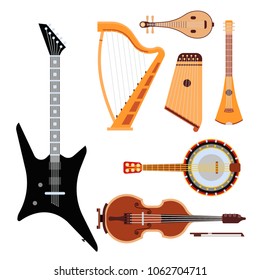 Set of stringed musical instruments classical orchestra art sound tool and acoustic symphony stringed fiddle wooden equipment vector illustration