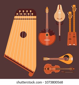 Set of stringed musical instruments classical orchestra art sound tool and acoustic symphony stringed fiddle wooden equipment vector illustration