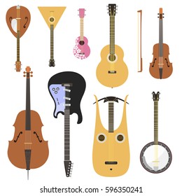 Set of stringed musical instruments classical orchestra art sound tool and acoustic symphony stringed fiddle wooden equipment vector illustration