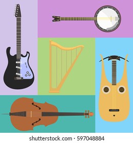 Set of stringed musical instruments classical orchestra art sound tool and acoustic symphony stringed fiddle wooden equipment vector illustration