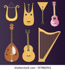 Set of stringed musical instruments classical orchestra art sound tool and acoustic symphony stringed fiddle wooden equipment vector illustration