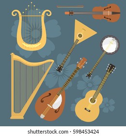 Set of stringed musical instruments classical orchestra art sound tool and acoustic symphony stringed fiddle wooden equipment vector illustration