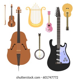 Set of stringed musical instruments classical orchestra art sound tool and acoustic symphony stringed fiddle wooden equipment vector illustration