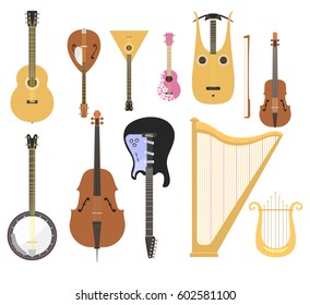 Set of stringed musical instruments classical orchestra art sound tool and acoustic symphony stringed fiddle wooden equipment vector illustration