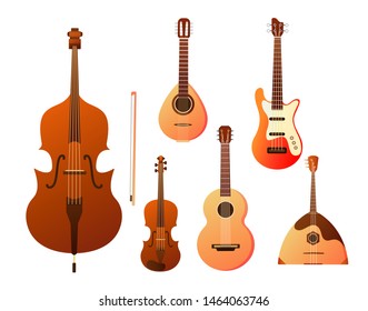 Set of stringed musical instruments. Collection of balalaika, harp, double bass, violin, guitar. Design layout for banners presentations, flyers, posters and invitations. Vector illustration