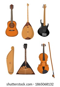 Set of stringed musical instruments. Collection of balalaika, gusli, violin, gitar, dombra