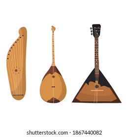 Set of stringed musical instruments. Collection of balalaika, gusli, violin. 