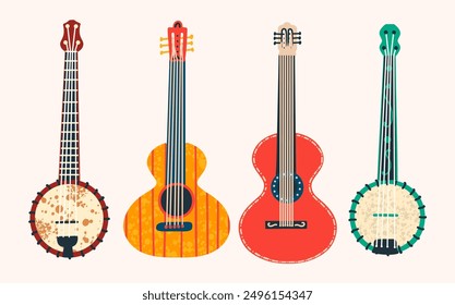 Set of stringed musical instruments. Guitar and banjo. Vector illustration