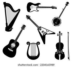 Set Of Stringed Musical Instruments Silhouettes, Guitars, banjo, Harp, Lyre And Violin Vectors