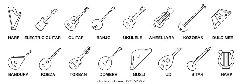 Set of stringed musical instruments. Set of stringed instruments with title in thin line. EPS 10.