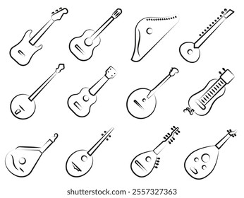 Set of stringed musical instruments. Set of stringed instruments with title in thin line. EPS 10.