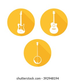 Set of Stringed Musical Instruments. Vector Style Round Icon isolated on white background. More Musical Instruments in Portfolio.