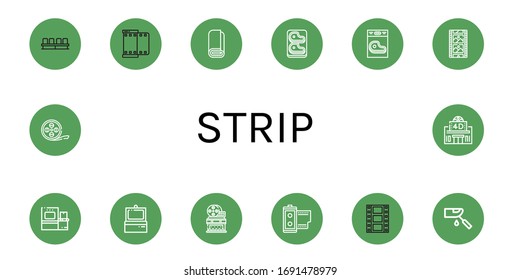 Set of strip icons. Such as Movie, Film, Roll, Steak, Film strip, Scanner, Movie theater, Film roll, Glucosemeter , strip icons