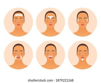 Set of Strip Lines Skin Care Badges. Modern Flat Vector Illustration. Woman with Beauty Strip Lines on Face. Website Template. Social Media Concept.