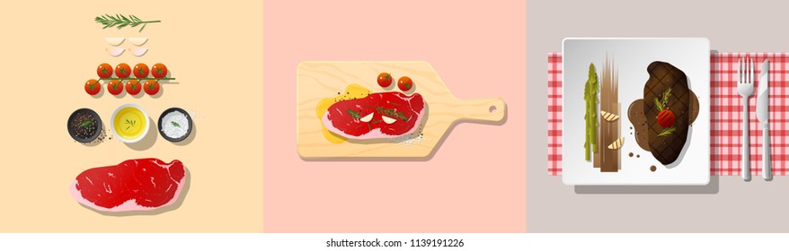 Set of strip loin steak recipe , preparation cooking and plating , vector , illustration