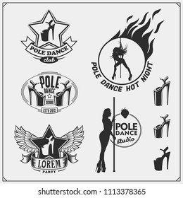 Set of strip plastic and pole dance emblems, labels and design elements. Girls on the pole.
