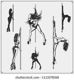 Set of strip plastic and pole dance emblems, labels and design elements. Girls on the pole.
