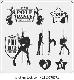 Set of strip plastic and pole dance emblems, labels and design elements. Girls on the pole.
