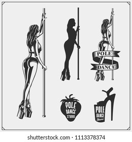 Set of strip plastic and pole dance emblems, labels and design elements. Girls on the pole.
