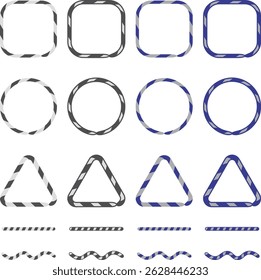 A set of stripe frames and lines in black, white, and blue. Includes square, circle, triangle, straight and wavy lines. Transparent background for flexible use.