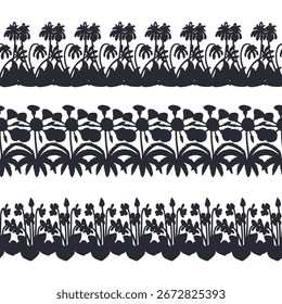 Conjunto de estampados de rayas con siluetas negras de flores de las islas canarias. Paquete floral Horizontal de bordes sin costuras con botánicos de estilo millefleur dibujados a mano. Ilustración vectorial