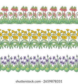 Conjunto de estampados de rayas con flores de las islas canarias. Paquete floral Horizontal de bordes sin costuras con botánicos de estilo millefleur dibujados a mano. Ilustración vectorial