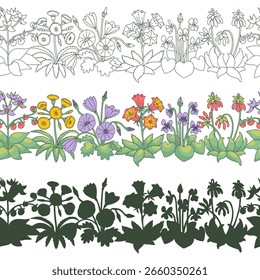 Conjunto de padrões de listras com flores de ilhas canárias de arte de linha. Borda floral horizontal sem emenda com mão desenhada millefleur estilo botânicos. Ilustração vetorial