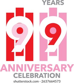set of stripe red and pink color number 99 and the words YEARS ANNIVERSARY celebration.