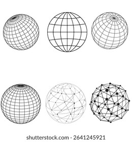 Set of striped 3D globe grid spheres. Vector symbols with latitude and longitude lines, representing global geography and spherical shapes.
