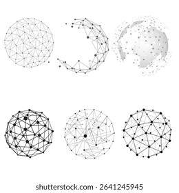 Set of striped 3D globe grid spheres with latitude and longitude lines. Geometric vector symbols representing global geography and earth surfaces.
