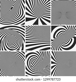 Set of striped abstract forms. Surrealistic optical illusions. Vector illustration.