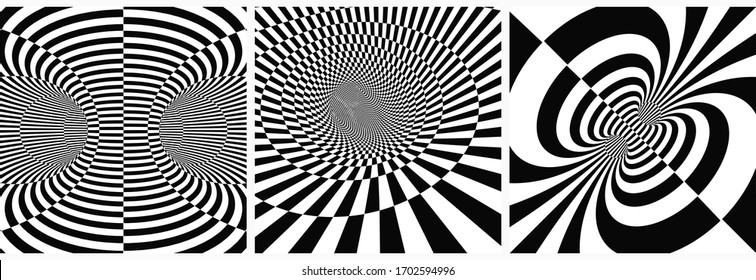 Set of striped abstract forms. Surrealistic optical illusions. Vector illustration.
