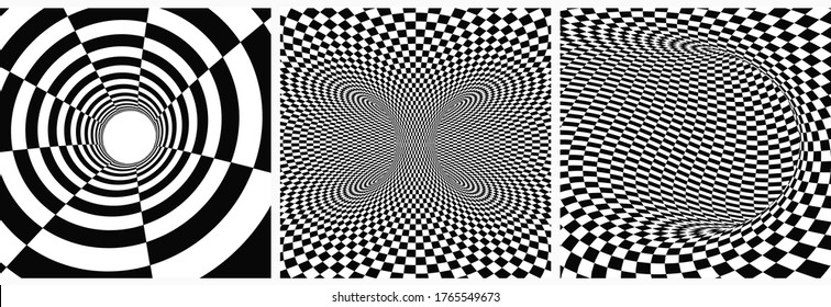 Set of striped abstract forms. Surrealistic optical illusions. Vector illustration.