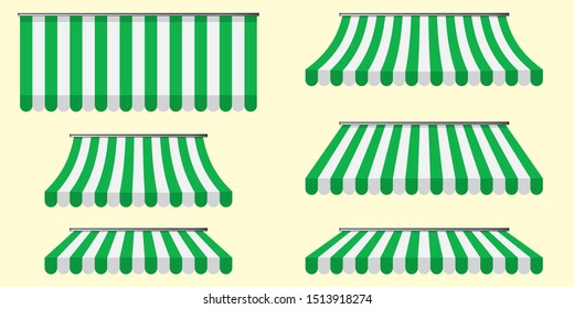 Set of striped awnings, canopies for the store. Awning for the cafes and street restaurants in vector illustration.