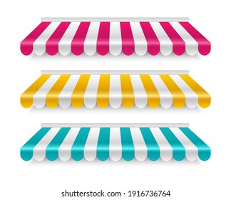 Set of striped awnings. Colorful sunshades. Shelter for the store. Outdoor tent for shop, market and cafe. Vector illustration.