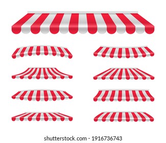 Set of striped awnings different shapes. Red and white sunshade. Shelter for the store. Outdoor tent for shop, market and cafe. Vector illustration.