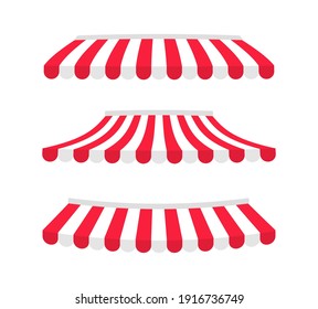 Set of striped awnings different shapes. Red and white sunshade. Shelter for the store. Outdoor tent for shop, market and cafe. Vector illustration.