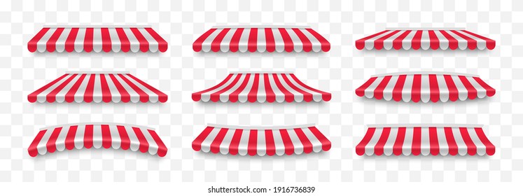 Set of striped awnings different shapes. Red and white sunshade. Shelter for the store. Outdoor tent for shop, market and cafe. Vector illustration.