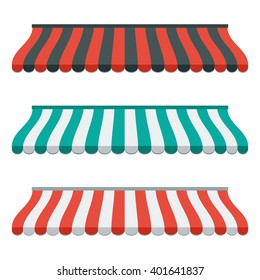 Set Of Striped Awnings For Shop And Marketplace. Isolated And Colorful. Flat Design. Vector Illustration