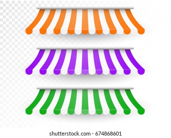 Set of striped awnings for shop and marketplace. Vector Illustration.