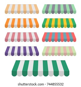 Set of striped awnings for shop, marketplace, cafes and street restaurants. Stripe canopy icon. Striped sunshade or tents. Vector illustration