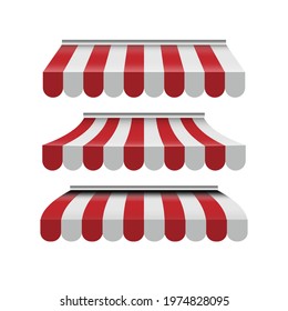 Set For Striped Awnings Shop Red And White Colored , Restaurants Supermarket Store , Retractable Patio Awnings , Vector Illustration