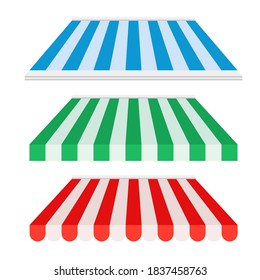 Set of striped awnings for shopes, cafes and street restaurants, canopies for store. Stripe outdoor sunshade. Vector illustration isolated on white background.