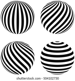 Set striped balls 3D, diagonal swirls, horizontal curvature, vertical arc on the sphere, vector planet