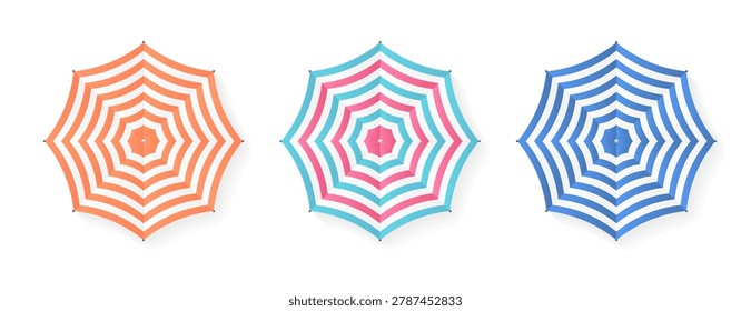 Set of striped beach umbrellas from a top down perspective ideal for summer vacation promotion and travel web design